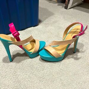 Pink, Tan and Teal Platform Heel Sandals Size 9